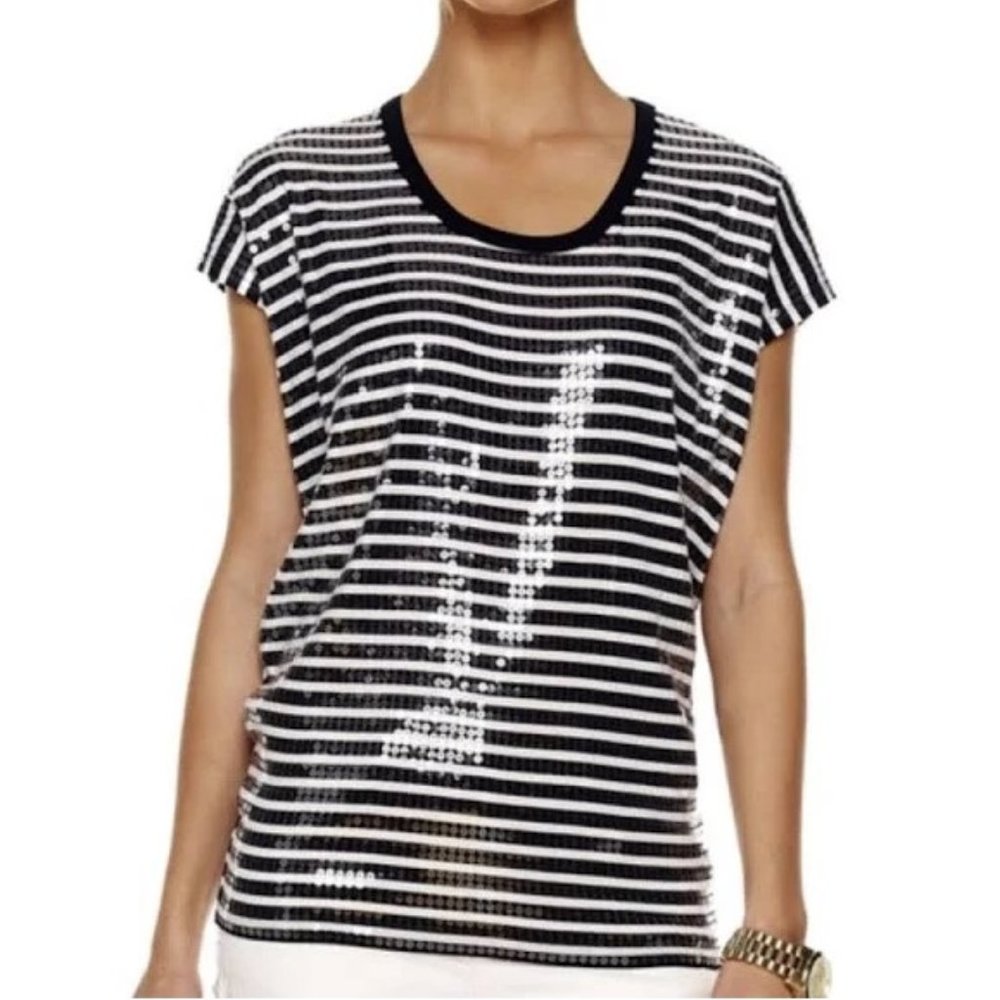 Michael Kors White Black Striped Sequin Blouse 2X